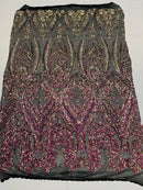 Iridescent Purple Sequins Fabric, Damask Design 4 Way Stretch Sequin Fabric on a Spandex Mesh-Prom-Gown By The Yard