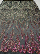 Iridescent Purple Sequins Fabric, Damask Design 4 Way Stretch Sequin Fabric on a Spandex Mesh-Prom-Gown By The Yard