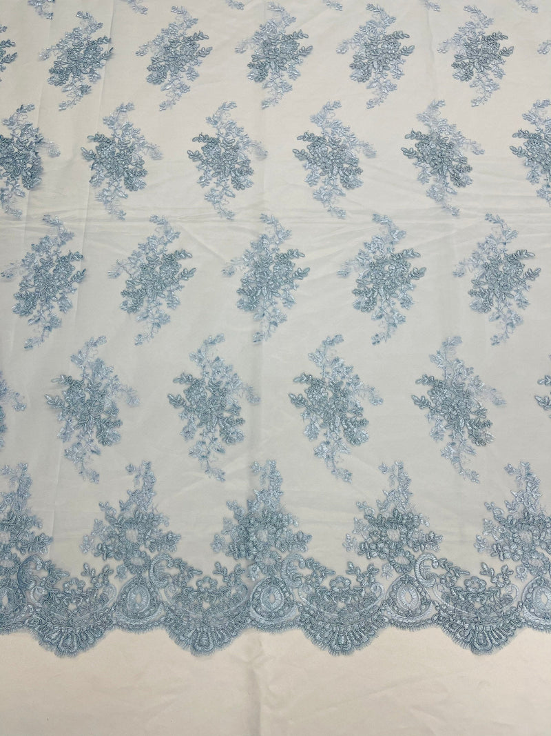 Baby Blue Floral Lace Fabric, Embroidery on a Mesh Lace Fabric By The Yard For Gown, Wedding-Bridal