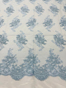 Baby Blue Floral Lace Fabric, Embroidery on a Mesh Lace Fabric By The Yard For Gown, Wedding-Bridal