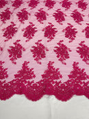 Fuchsia Floral Lace Fabric, Embroidery on a Mesh Lace Fabric By The Yard For Gown, Wedding-Bridal