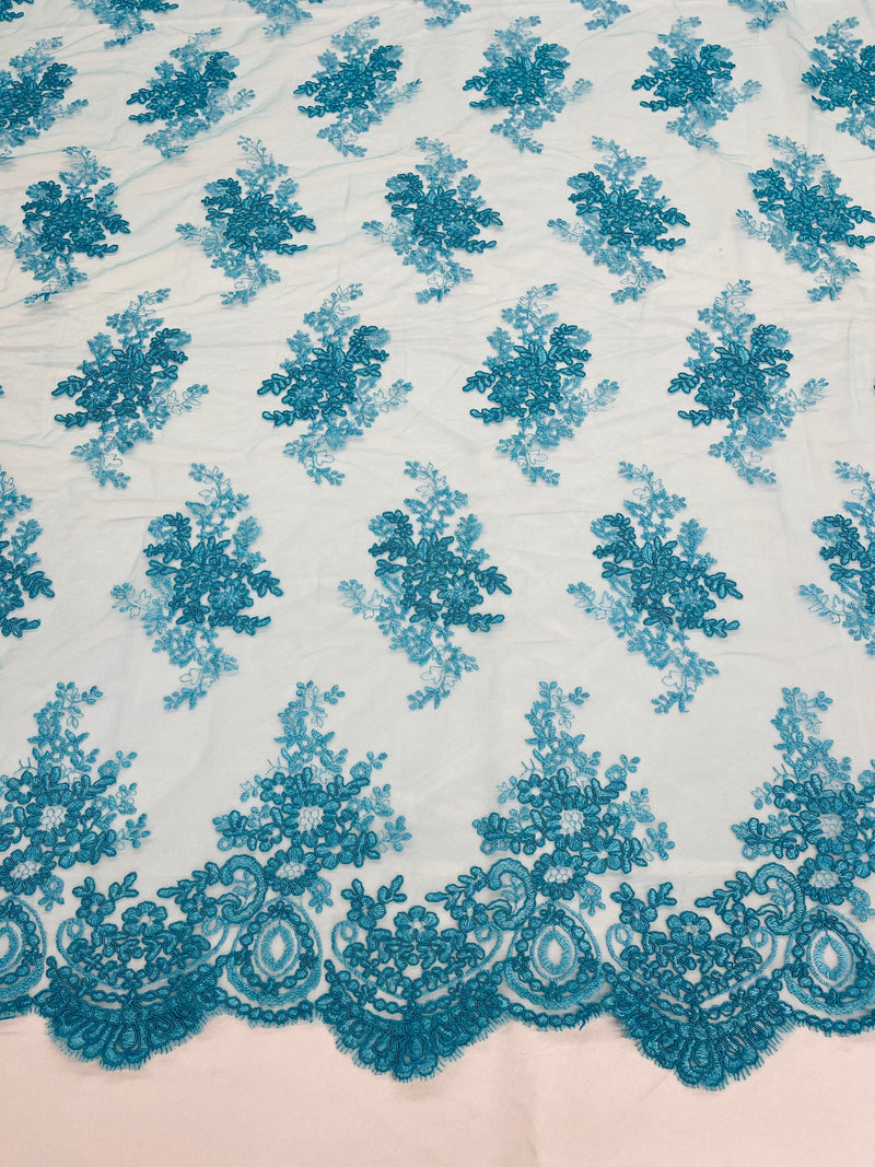 Turquoise Floral Lace Fabric, Embroidery on a Mesh Lace Fabric By The Yard For Gown, Wedding-Bridal-Dress