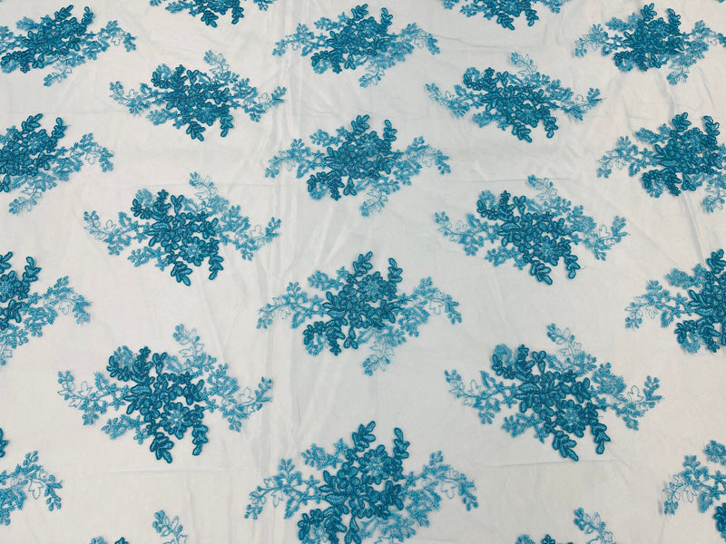 Turquoise Floral Lace Fabric, Embroidery on a Mesh Lace Fabric By The Yard For Gown, Wedding-Bridal-Dress