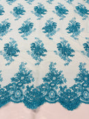 Turquoise Floral Lace Fabric, Embroidery on a Mesh Lace Fabric By The Yard For Gown, Wedding-Bridal-Dress