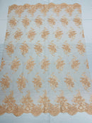 Peach Floral Lace Fabric, Embroidery on a Mesh Lace Fabric By The Yard For Gown, Wedding-Bridal-Dress