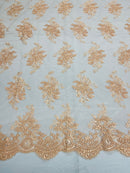 Peach Floral Lace Fabric, Embroidery on a Mesh Lace Fabric By The Yard For Gown, Wedding-Bridal-Dress