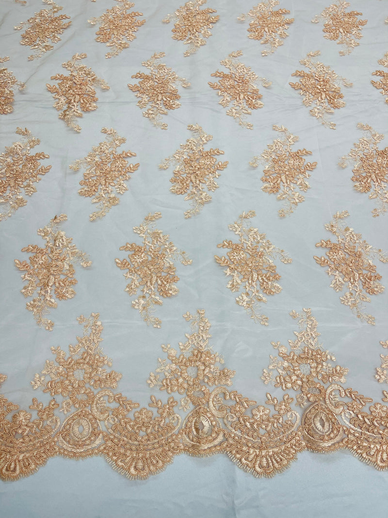 Peach Floral Lace Fabric, Embroidery on a Mesh Lace Fabric By The Yard For Gown, Wedding-Bridal-Dress