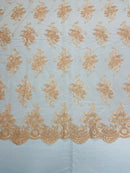 Peach Floral Lace Fabric, Embroidery on a Mesh Lace Fabric By The Yard For Gown, Wedding-Bridal-Dress
