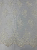 Ivory Floral Lace Fabric, Embroidery on a Mesh Lace Fabric By The Yard For Gown, Wedding-Bridal-Dress