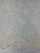 Ivory Floral Lace Fabric, Embroidery on a Mesh Lace Fabric By The Yard For Gown, Wedding-Bridal-Dress