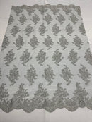 Silver Metallic Floral Lace Fabric, Embroidery on a Mesh Lace Fabric By The Yard For Gown, Wedding-Bridal-Dress