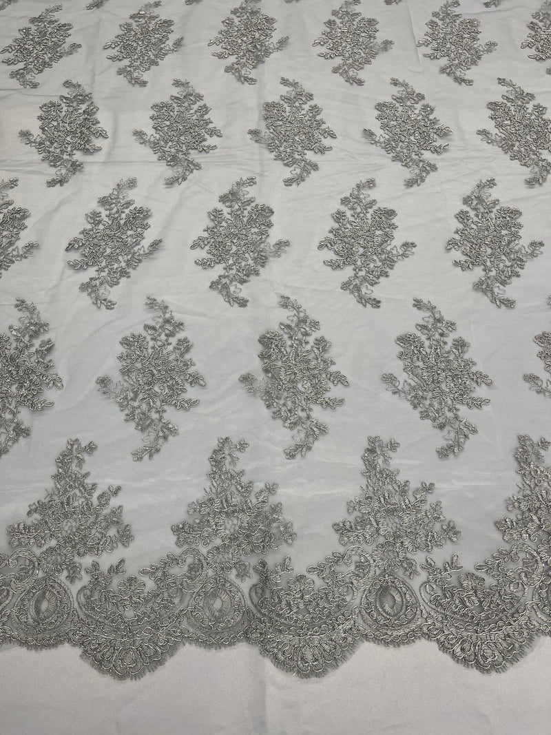 Silver Metallic Floral Lace Fabric, Embroidery on a Mesh Lace Fabric By The Yard For Gown, Wedding-Bridal-Dress