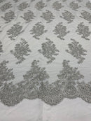 Silver Metallic Floral Lace Fabric, Embroidery on a Mesh Lace Fabric By The Yard For Gown, Wedding-Bridal-Dress