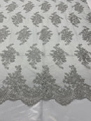 Silver Metallic Floral Lace Fabric, Embroidery on a Mesh Lace Fabric By The Yard For Gown, Wedding-Bridal-Dress