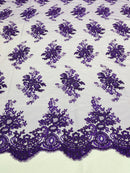 Purple Floral Lace Fabric, Embroidery on a Mesh Lace Fabric By The Yard For Gown, Wedding-Bridal-Dress