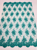 Teal Floral Lace Fabric, Embroidery on a Mesh Lace Fabric By The Yard For Gown, Wedding-Bridal-Dress