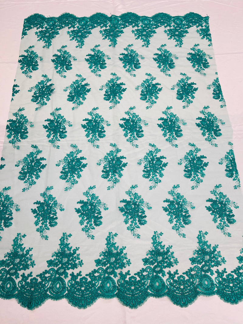 Teal Floral Lace Fabric, Embroidery on a Mesh Lace Fabric By The Yard For Gown, Wedding-Bridal-Dress