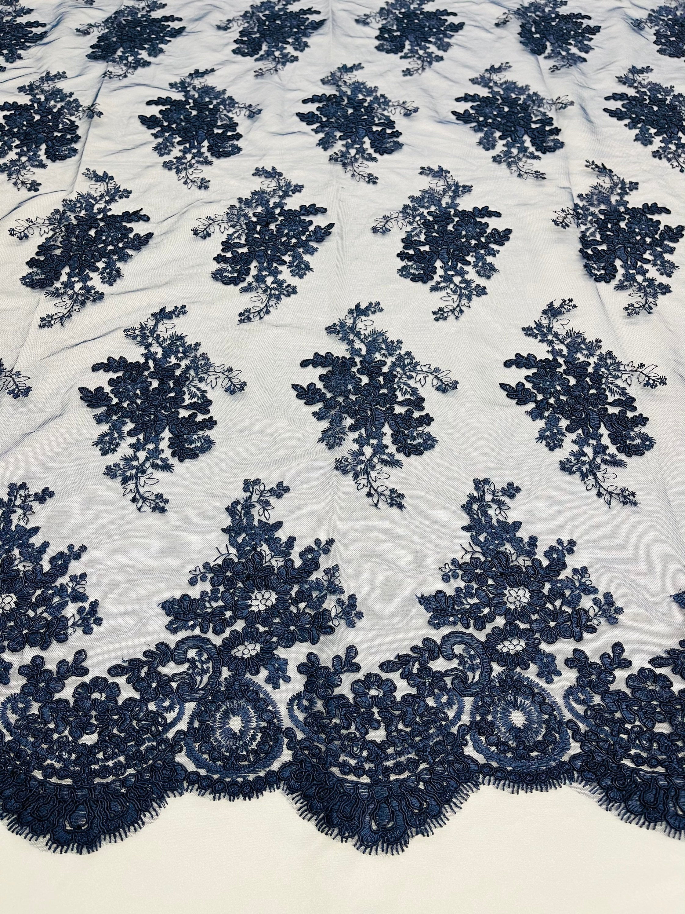 Navy Floral Lace Fabric, Embroidery on a Mesh Lace Fabric By The Yard