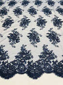 Navy Floral Lace Fabric, Embroidery on a Mesh Lace Fabric By The Yard For Gown, Wedding-Bridal-Dress