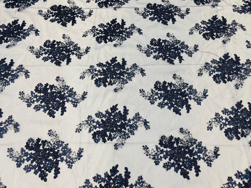 Navy Floral Lace Fabric, Embroidery on a Mesh Lace Fabric By The Yard For Gown, Wedding-Bridal-Dress