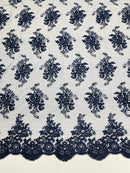Navy Floral Lace Fabric, Embroidery on a Mesh Lace Fabric By The Yard For Gown, Wedding-Bridal-Dress