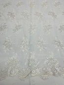 Of White/Silver Floral Lace Fabric, Embroidery on a Mesh Lace Fabric By The Yard For Gown, Wedding-Bridal-Dress