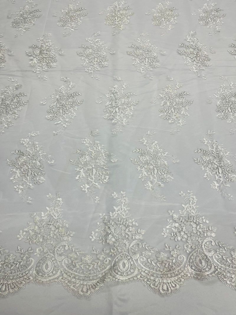 Of White/Silver Floral Lace Fabric, Embroidery on a Mesh Lace Fabric By The Yard For Gown, Wedding-Bridal-Dress