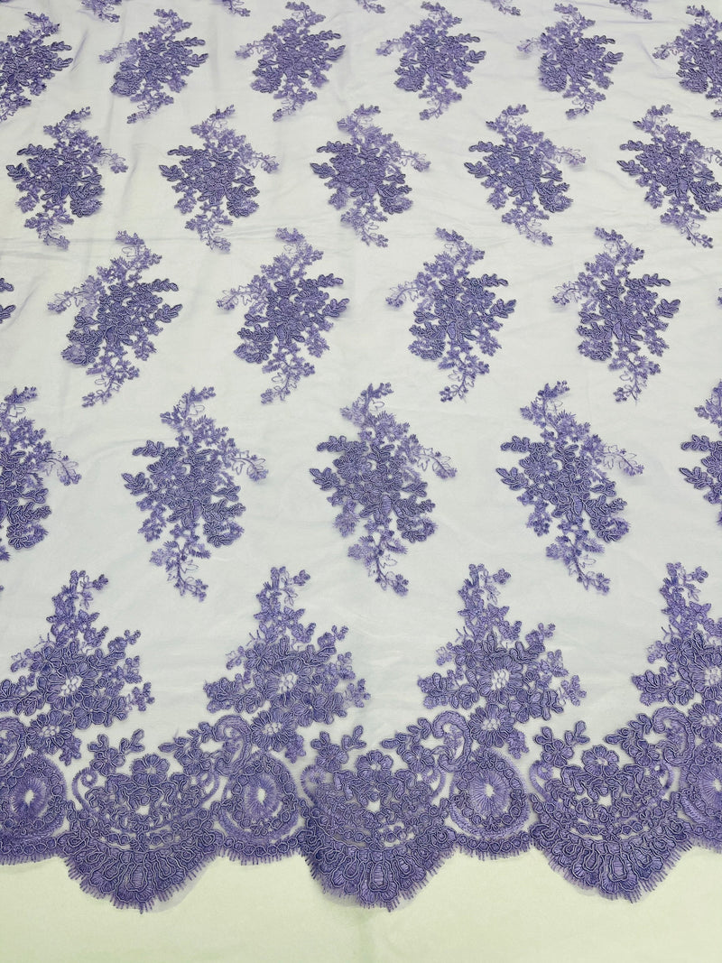 Lilac Floral Lace Fabric, Embroidery on a Mesh Lace Fabric By The Yard For Gown, Wedding-Bridal-Dress