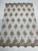Coffee Floral Lace Fabric, Embroidery on a Mesh Lace Fabric By The Yard For Gown, Wedding-Bridal-Dress