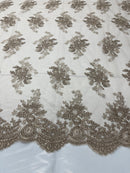 Coffee Floral Lace Fabric, Embroidery on a Mesh Lace Fabric By The Yard For Gown, Wedding-Bridal-Dress