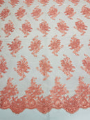 Coral Floral Lace Fabric, Embroidery on a Mesh Lace Fabric By The Yard For Gown, Wedding-Bridal-Dress