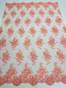 Coral Floral Lace Fabric, Embroidery on a Mesh Lace Fabric By The Yard For Gown, Wedding-Bridal-Dress
