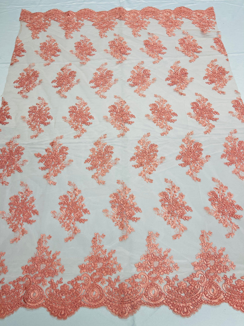 Coral Floral Lace Fabric, Embroidery on a Mesh Lace Fabric By The Yard For Gown, Wedding-Bridal-Dress