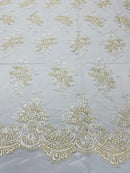 Ivory/Gold Metallic Floral Lace Fabric, Embroidery on a Mesh Lace Fabric By The Yard For Gown, Wedding-Bridal-Dress