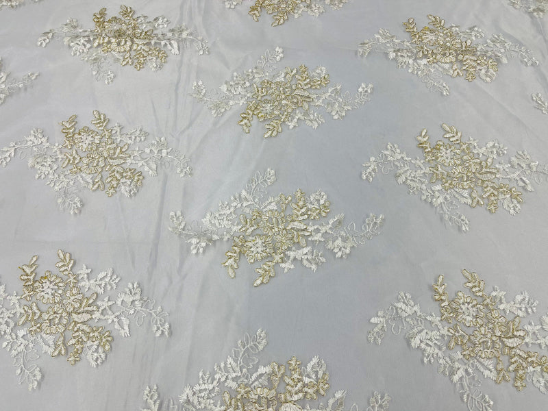 Ivory/Gold Metallic Floral Lace Fabric, Embroidery on a Mesh Lace Fabric By The Yard For Gown, Wedding-Bridal-Dress