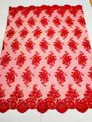 Red Floral Lace Fabric, Embroidery on a Mesh Lace Fabric By The Yard For Gown, Wedding-Bridal-Dress