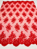 Red Floral Lace Fabric, Embroidery on a Mesh Lace Fabric By The Yard For Gown, Wedding-Bridal-Dress