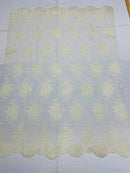 Cream/Ivory Floral Lace Fabric, Embroidery on a Mesh Lace Fabric By The Yard For Gown, Wedding-Bridal-Dress