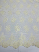 Cream/Ivory Floral Lace Fabric, Embroidery on a Mesh Lace Fabric By The Yard For Gown, Wedding-Bridal-Dress