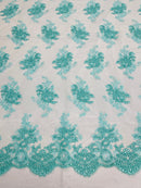 Aqua Floral Lace Fabric, Embroidery on a Mesh Lace Fabric By The Yard For Gown, Wedding-Bridal-Dress