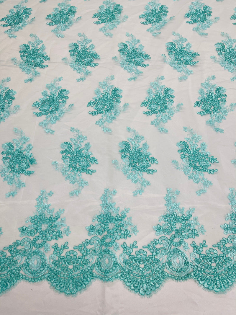 Aqua Floral Lace Fabric, Embroidery on a Mesh Lace Fabric By The Yard Aqua Floral Lace Fabric, Embroidery on a Mesh Lace Fabric By The Yard