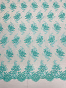 Aqua Floral Lace Fabric, Embroidery on a Mesh Lace Fabric By The Yard For Gown, Wedding-Bridal-Dress