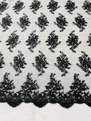 Black Floral Lace Fabric, Embroidery on a Mesh Lace Fabric By The Yard For Gown, Wedding-Bridal-Dress