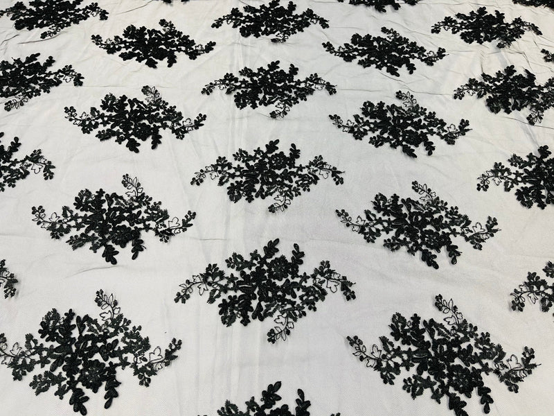 Black Floral Lace Fabric, Embroidery on a Mesh Lace Fabric By The Yard For Gown, Wedding-Bridal-Dress