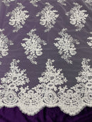White Floral Lace Fabric, Embroidery on a Mesh Lace Fabric By The Yard For Gown, Wedding-Bridal-Dress