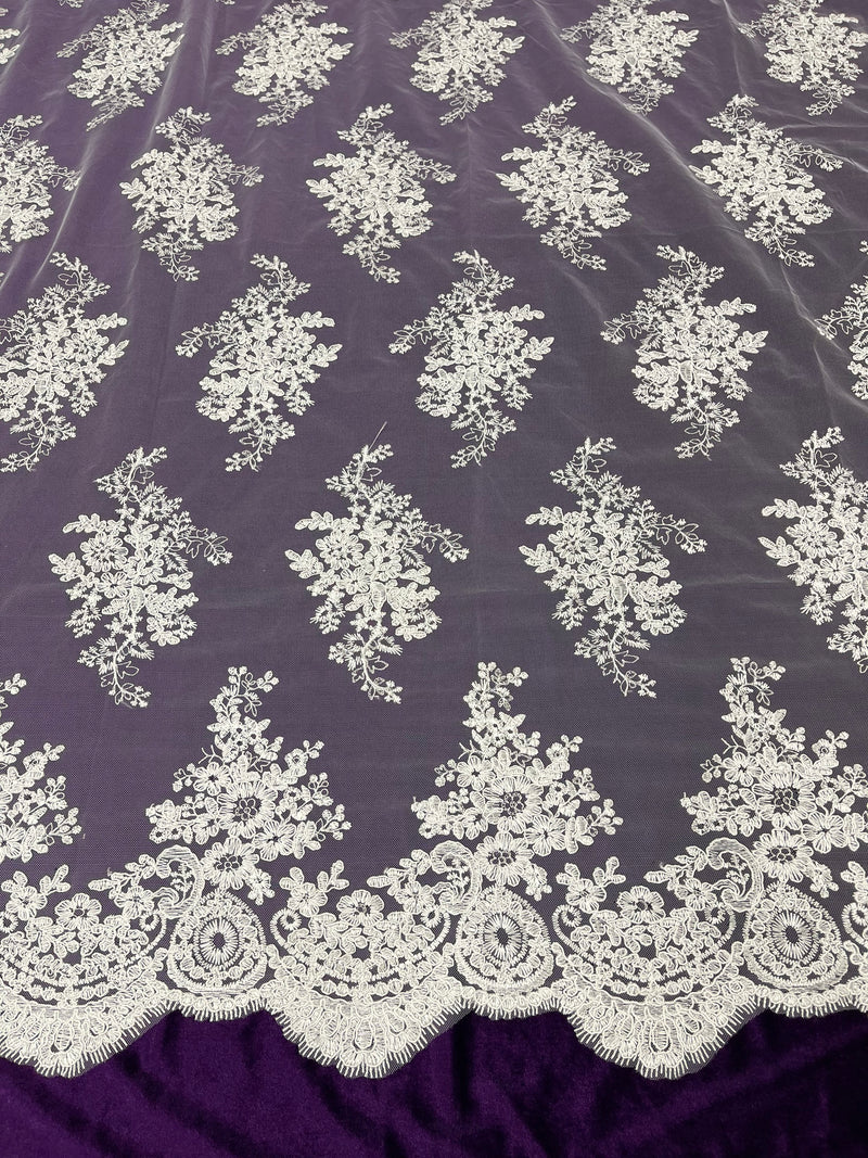 White Floral Lace Fabric, Embroidery on a Mesh Lace Fabric By The Yard For Gown, Wedding-Bridal-Dress