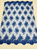 Royal Blue Floral Lace Fabric, Embroidery on a Mesh Lace Fabric By The Yard For Gown, Wedding-Bridal-Dress