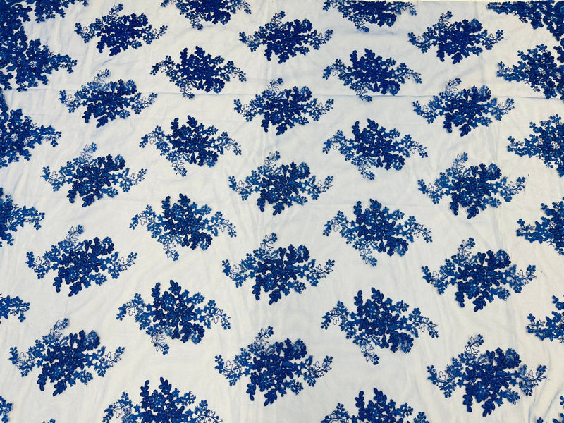 Royal Blue Floral Lace Fabric, Embroidery on a Mesh Lace Fabric By The Yard For Gown, Wedding-Bridal-Dress