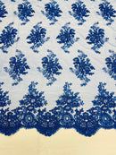 Royal Blue Floral Lace Fabric, Embroidery on a Mesh Lace Fabric By The Yard For Gown, Wedding-Bridal-Dress