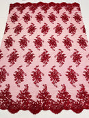 Burgundy Floral Lace Fabric, Embroidery on a Mesh Lace Fabric By The Yard For Gown, Wedding-Bridal-Dress